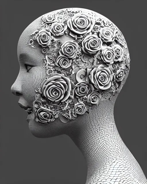 Image similar to mythical dreamy black and white organic bio-mechanical spinal ribbed profile face portrait detail of translucent steampunk beautiful female angelic-human-queen-vegetal-cyborg, highly detailed, intricate trnaslucent ivy jelly ornate, poetic, translucent roses ornate, 3D render, digital art, octane render, 8K artistic photography, photo-realistic, by Dora Maar