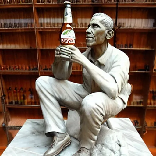 Image similar to a statue of obama drinking beer, handcrafted marble, presidential statue, obama, beer