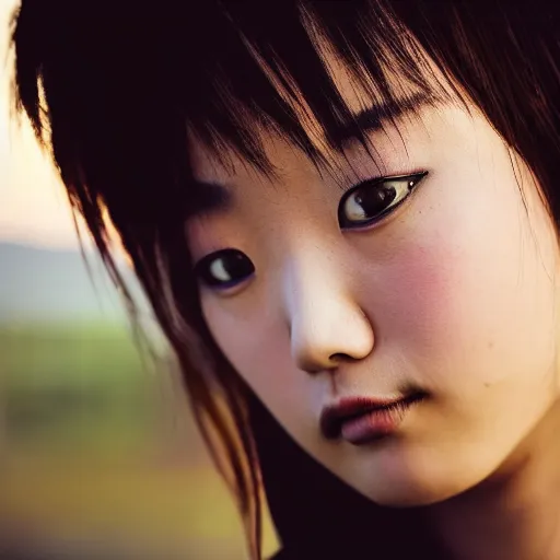 Image similar to beautiful gorgeous curvy Japanese edgy model girl with short hair, she's sad, sunset, 80mm lens, 1.2 aperture, grainy image, close up