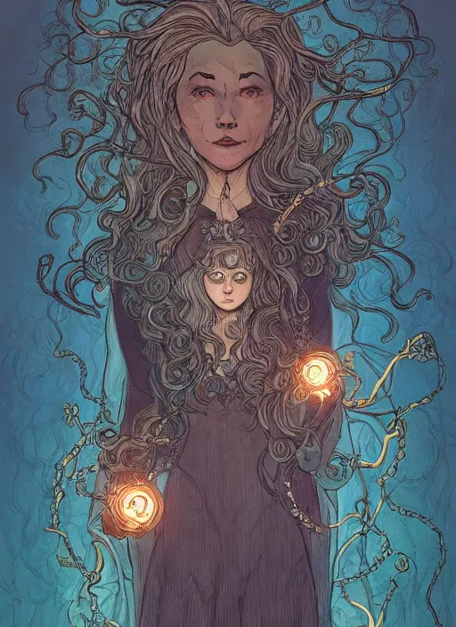 Image similar to Wizard of chains, in the style of Sam Guay and James Jean and abigail larson and Sam Spratt, glowing lights, beautiful colors trending on artstation