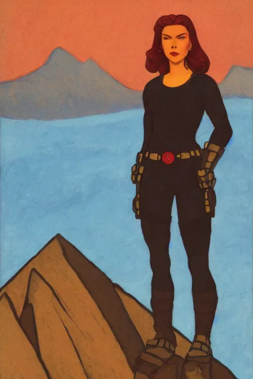 Image similar to black widow ( natasha romanova ) on mountains, marvel, artwork by nicholas roerich,