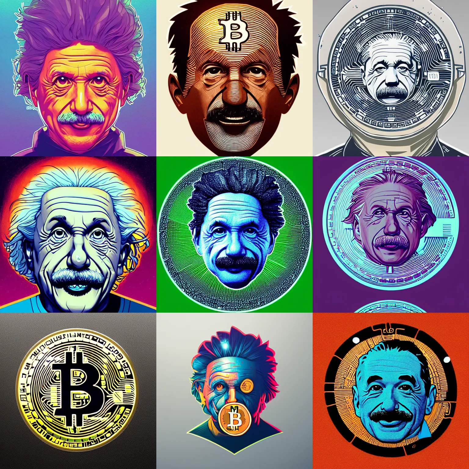 Prompt: cell shaded bitcoin logo with front face head shot of einstein head, concept art, llustration, concept art by josan gonzales and wlop, by james jean, victo ngai, david rubin, mike mignola, laurie greasley, highly detailed, sharp focus, logo trending on artstation, hq, deviantart, art by artgem