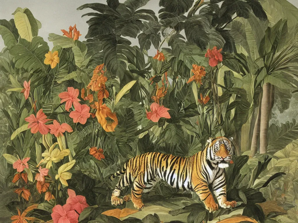 Prompt: muscular tiger, tropical plants in background, botanical, large exotic flowers, biology, painted by john audubon