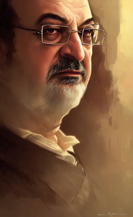 Image similar to portrait of salman rushdie, deep focus, d & d, fantasy, intricate, elegant, highly detailed, digital painting, artstation, concept art, matte, sharp focus, illustration, art by artgerm and greg rutkowski and alphonse mucha