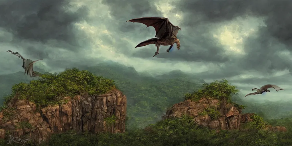 Image similar to a pterodactyl flies over a rock cliff in the prehistoric jungle, a t-rex on the cliff roars, ominous sky, james gurney, artstation