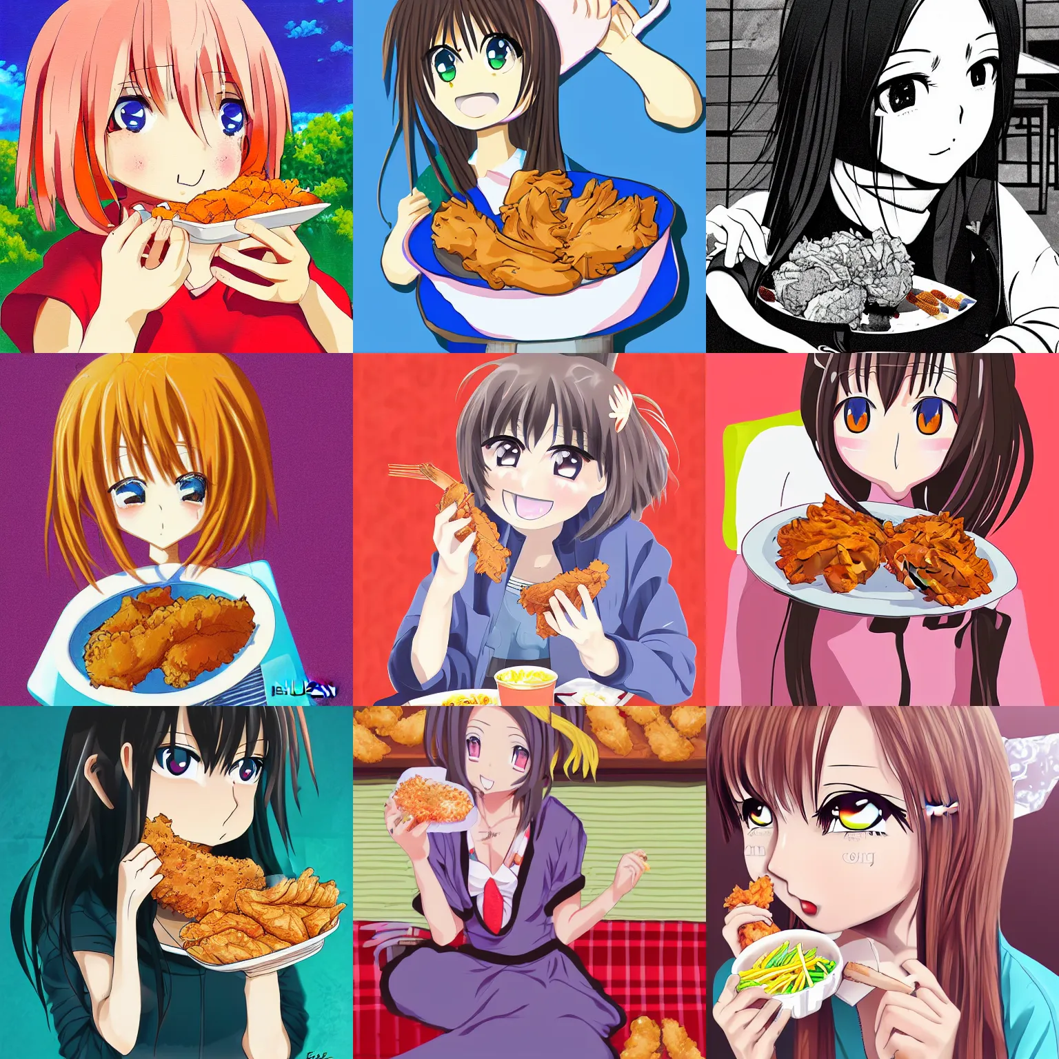 Prompt: anime girl eating fried chicken by elle goulding