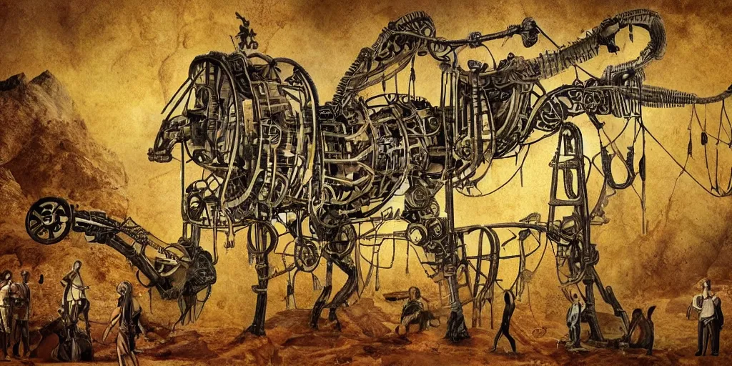 Image similar to a prehistoric cave painting of a giant steampunk futuristic retrofuturistic machine