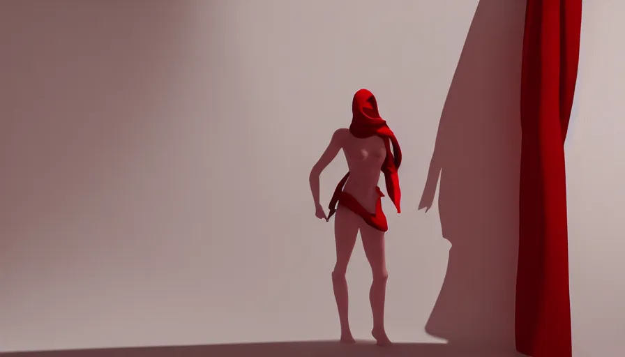 Image similar to a figure covered by red cloth is standing in a beautiful penthouse with atmospheric light, digital art, concept art, cloth simulation with houdini, smoke, octane, redshift, 8 k