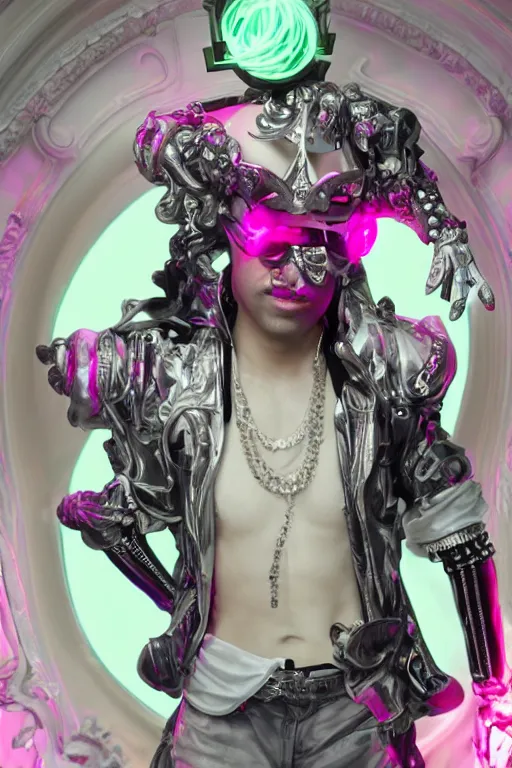 Image similar to full-body rococo and cyberpunk style neon statue of a muscular attractive Jay Sean sim camisa macho dotado e rico android sim roupa reclining con las piernas abertas e la piroca dura, glowing white laser eyes, prince crown of pink gears, diamonds, swirling silver-colored silk fabric. futuristic elements. full-length view. space robots. human skulls. intricate artwork by caravaggio. Trending on artstation, octane render, cinematic lighting from the right, hyper realism, octane render, 8k, depth of field, 3D