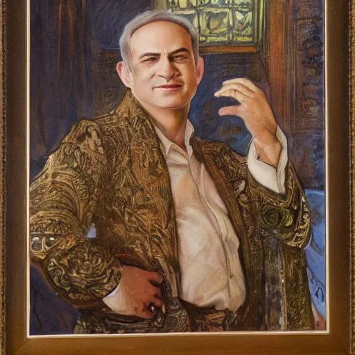 Prompt: a portrait of benjamin netanyahu by alphones mucha