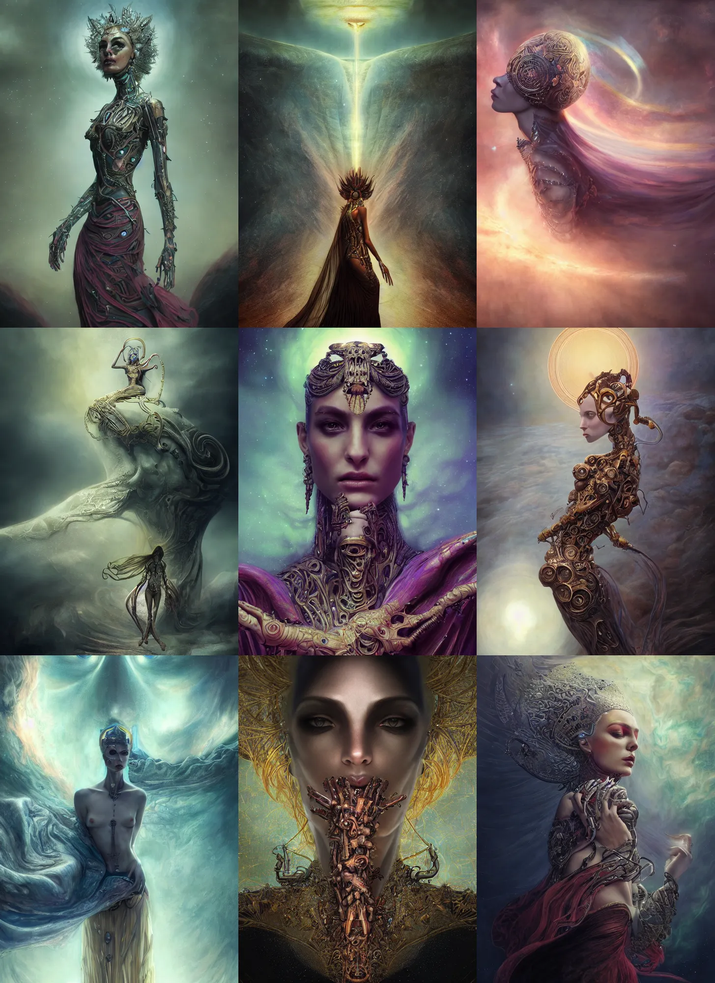 Prompt: epic portrait of menacing and anxious yet stunningly beautiful biomechanical djinn overseeing the iridescent fabric of the universe, by charlie bowater, mandy jurgens, gustav klimt, octane render, dramatic camera angle, 4k, 8k, high detail, HDR, by tom bagshaw, powerful, with inspiration from Beksinski