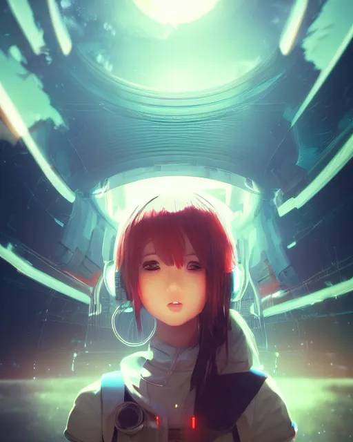 Prompt: ultra detailed portrait of anime girl, beautiful landscape, perfect face, machine planet, alien, glass obelisks, ufo in the sky, colorful light, advanced technology, cinematic lighting, sharp focus, artstation, intricate, masterpiece, art by bastien grivet and darwin cellis and jan urschel
