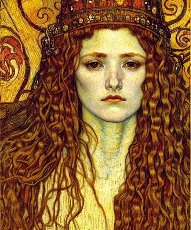 Image similar to detailed realistic beautiful young medieval queen face portrait by jean delville, gustav klimt and vincent van gogh, art nouveau, symbolist, visionary, gothic, pre - raphaelite, muted earthy colors, desaturated