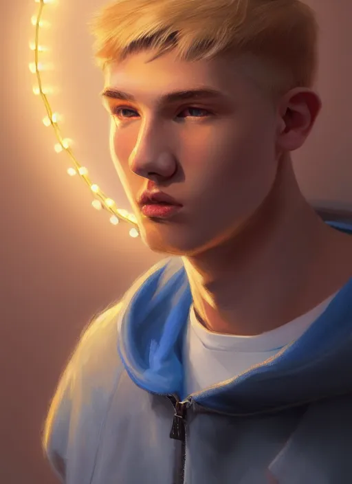 Image similar to portrait of high school senior boy named big moose, blonde short hair, jock, beefy, wide face, square jaw, square facial structure, blue varsity jacket with his name, intricate, elegant, glowing lights, highly detailed, digital painting, artstation, concept art, sharp focus, illustration, art by wlop, mars ravelo and greg rutkowski