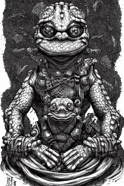 Image similar to humanoid toad warrior, tadpole themed, bog, symmetrical, highly detailed, digital art, sharp focus, trending on art station, kentaro miura manga art style