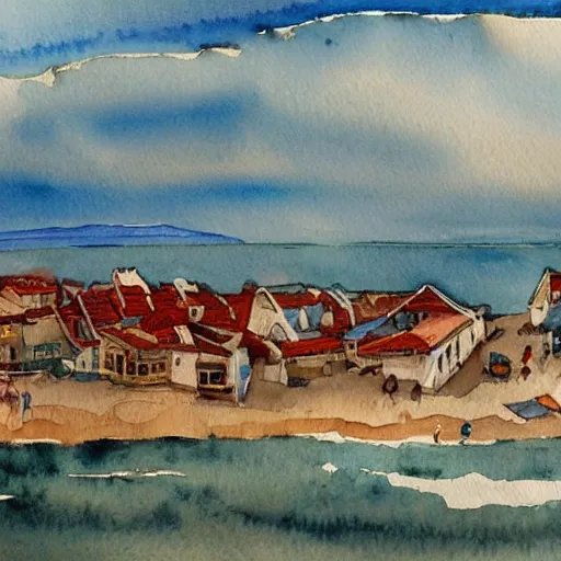 Prompt: a watercolor painting of a landscape panorama of a cozy seaside village with a menacing storm cloud on the ocean horizon, highly detailed, masterpiece, vivid colors, by anthony micallef by camille rose garcia,