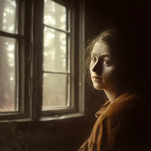 Image similar to portrait bust of young woman, tired expression, faded color film, russian cinema, tarkovsky, kodachrome, inside old cabin, next to window, heavy forest outside, long brown hair, old clothing, heavy fog, brown color palette, hudson river school, 4 k, dramatic lighting, greg rutkowski