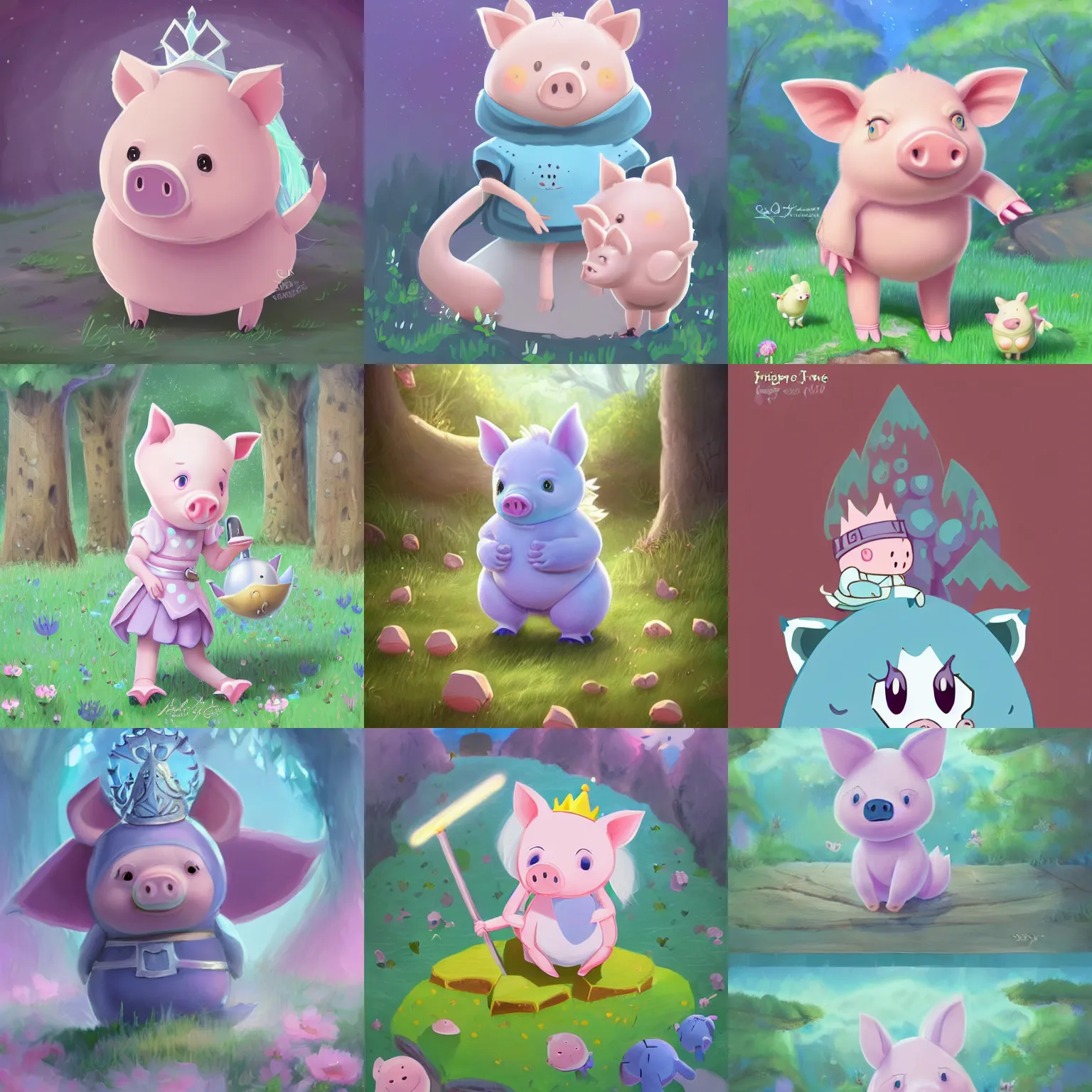 Prompt: very cute and adorable little piggy knight princess, big beautiful blue eyes, piglet, fantasy forest landscape, lake, summer, pale blue outfit, cute forest creature, fluffy, pastel colors, Adventure Time, Dreamworks, Behance, Pokemon, Artstation, trending on artstation, peach and goma style, milk and mocha style, art of silverfox, Yee Chong Silverfox, Sydney Hanson, Sofya Emelenko, Elina Karimova