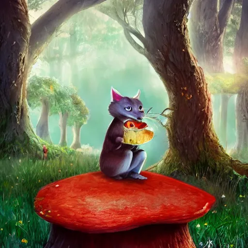 Image similar to beautiful storybook illustration of a cute fury creature eating lunch sitting on a red mushroom in a fantasy forest with old twisted trees, in the style of a Pixar movie, full shot, sharp and fine detailed, photorealistic, digital art, trending on Artstation, cinematic volumetric lighting