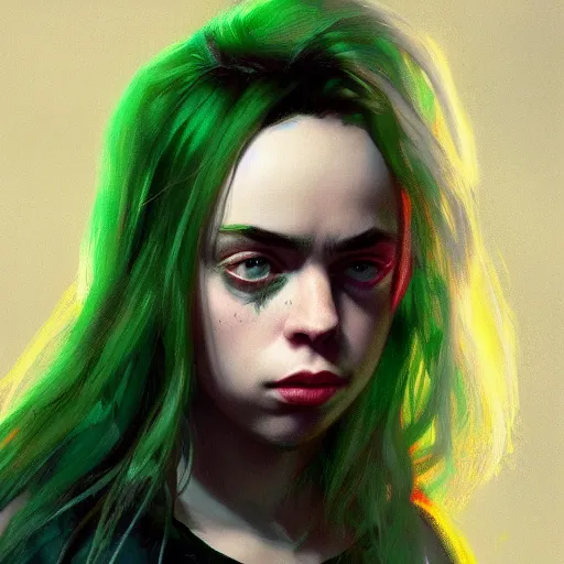 Prompt: portrait of billie eilish, green hair, future, by greg rutkowski, colorful, trending on artstation,