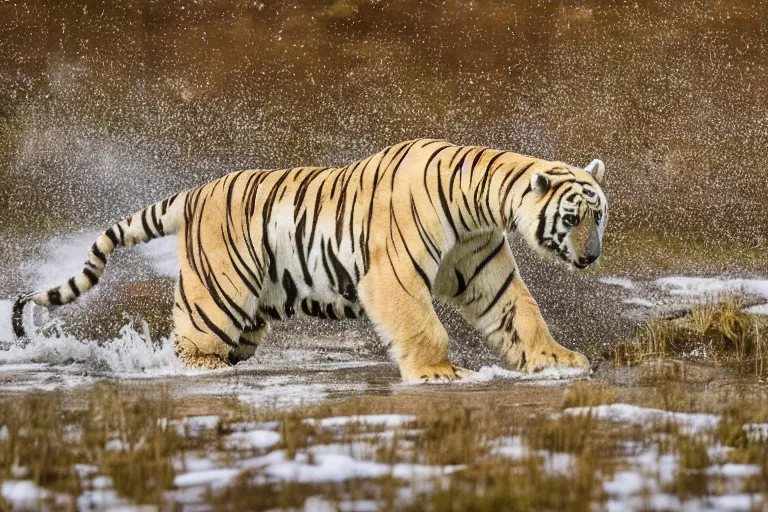 Image similar to a tiger polar bear!!! hybrid! hyper realistic!! realistic lighting!! wildlife photographer of the year!!! bold natural colors, national geographic, hd, wide angle, 8 k