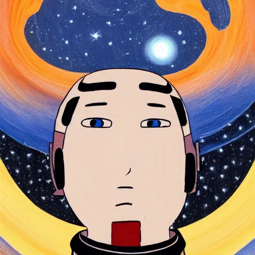 Image similar to Portrait of Spirited away dark blonde hair guy with blue eyes in space