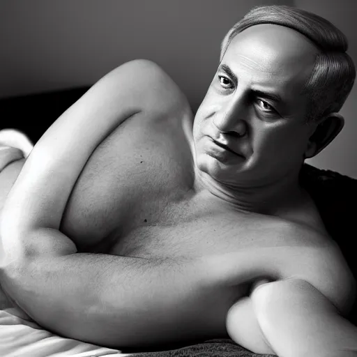 Prompt: benjamin netanyahu as a model lying seductively on bed, model photography, dynamic lighting, volumetric lighting, highly detailed, grayscale, professional