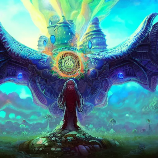 Image similar to 8K headshot Portrait of centered chest up of a psychedelic godlike mothman with giant mandala wings smoking heavily , magic mushroom village in background , post-processing , award winning. superb resolution. in the art style of Tony Takezaki and Greg Rutkowski . Detailed Mushroom city in background. Hyper realistic anime. Perfect art. Dalle2