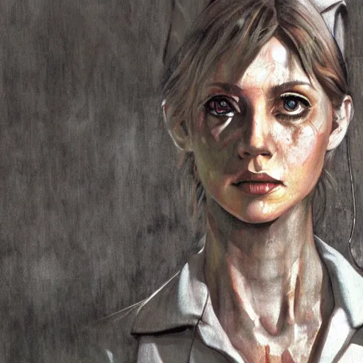 Prompt: detailed details photorealistic silent hill nurse in the style of bob peak and alex ross, gouache and wash paints color, detailed details facial and body and human and environments and proportionate, detailed 5 k details.