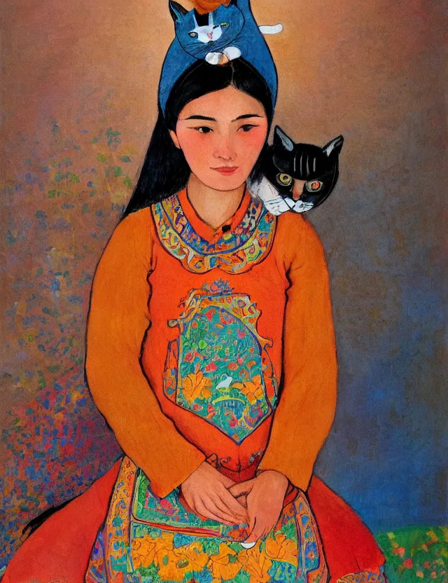 Prompt: central asian woman with cat ears, wearing a lovely dress. this oil painting by the beloved children's book author has impeccable lighting, an interesting color scheme and intricate details.