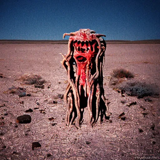 Prompt: in the desert a bloody horrifying The Thing monster , mid day, 35mm photography, realistic,