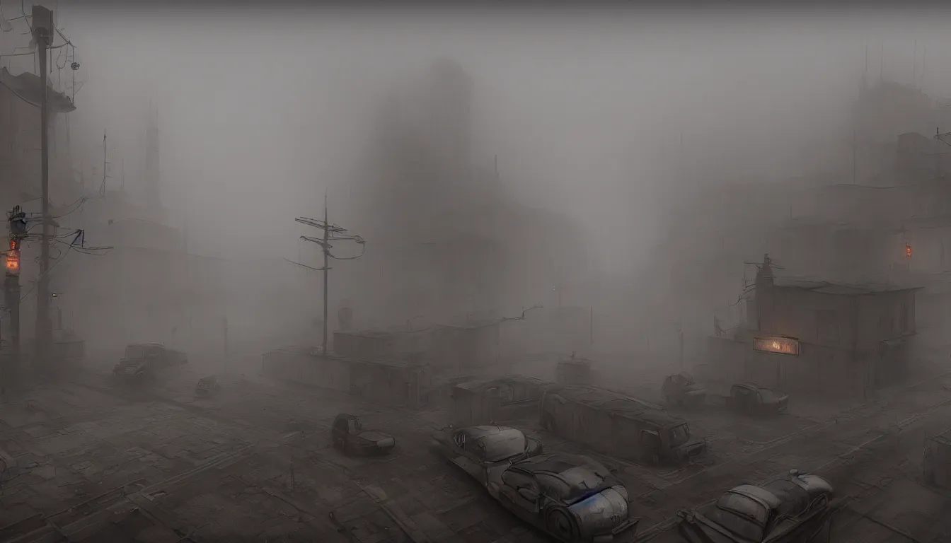Prompt: atmospheric foggy abandoned town dieselpunk, industrial, futuristic, very detailed, diesel, 4 k