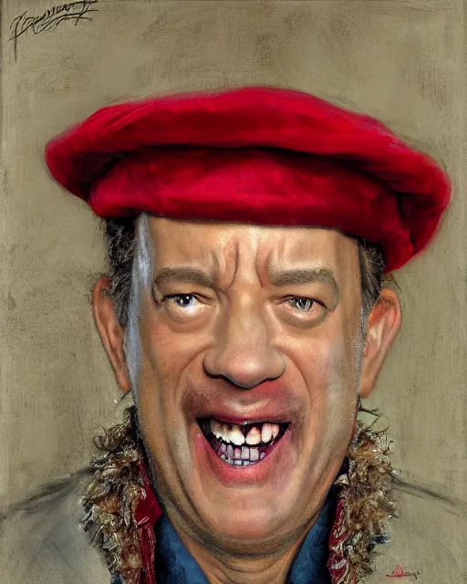 Prompt: closeup portrait of whimsical conniving tom hanks wearing a red hat, court jester in renaissance era,, masterpiece, by donato giancola and greg rutkowski and wayne barlow and zdzisław beksinski, high contrast, realistic face