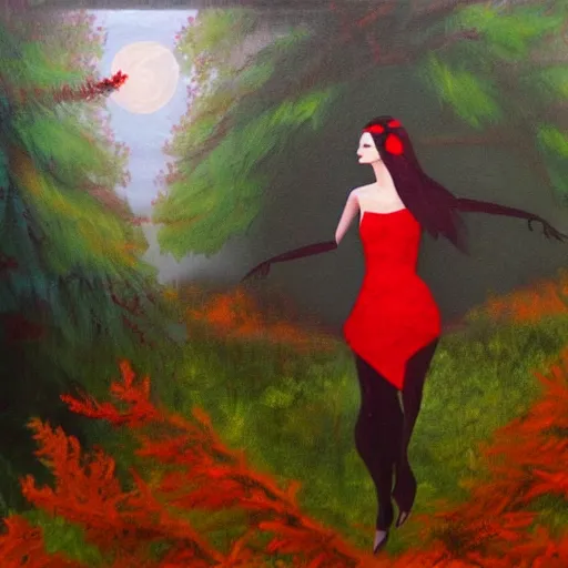 Prompt: raven woman with red dress on the forest, surreal, fantasy, painting