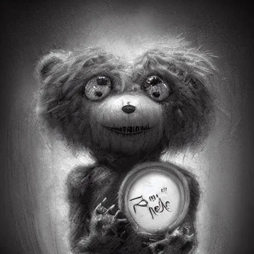 Image similar to grunge drawing of a cute teddy bear by - michael karcz , in the style of corpse bride, loony toons style, horror themed, detailed, elegant, intricate