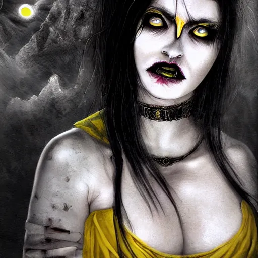 Prompt: a woman with yellow eyes and black hair, a detailed matte painting by basuki abdullah, deviantart, gothic art, demonic photograph, horror film, dark