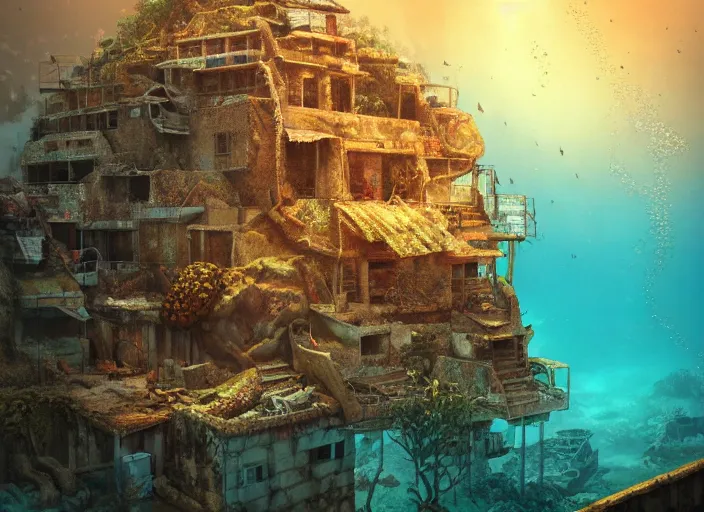 Prompt: ancient ruins favela, underwater environment, scenery, professional, award - winning, trending on artstation, hyper detailed, realistic, beautiful, emotional, shiny, golden, picture