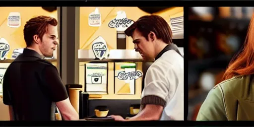 Image similar to bucky barnes and natasha romanoff working at starbucks, as played by sebastian stan and scarlett Johansson, coworkers, starbucks aprons and visors, daytime, at the counter, laughing, warmth, friendship, cinematic, ambient lighting,, 8k, scene