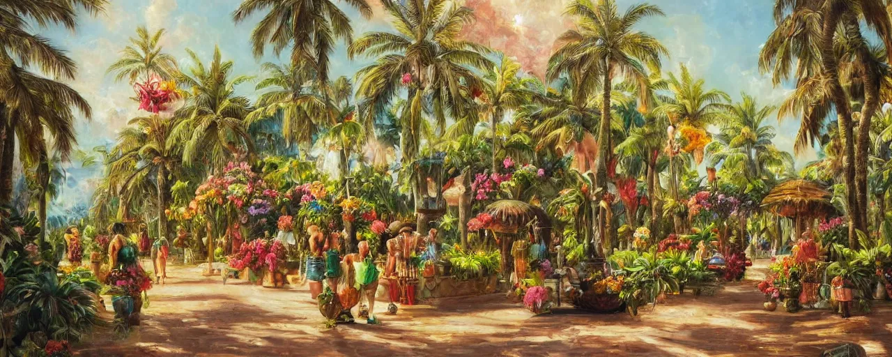 Image similar to a highly detailed oil painting of Tropical Flowers, a view from ground level: elegant, ornate, daytime. this is a beautifully lit scene.