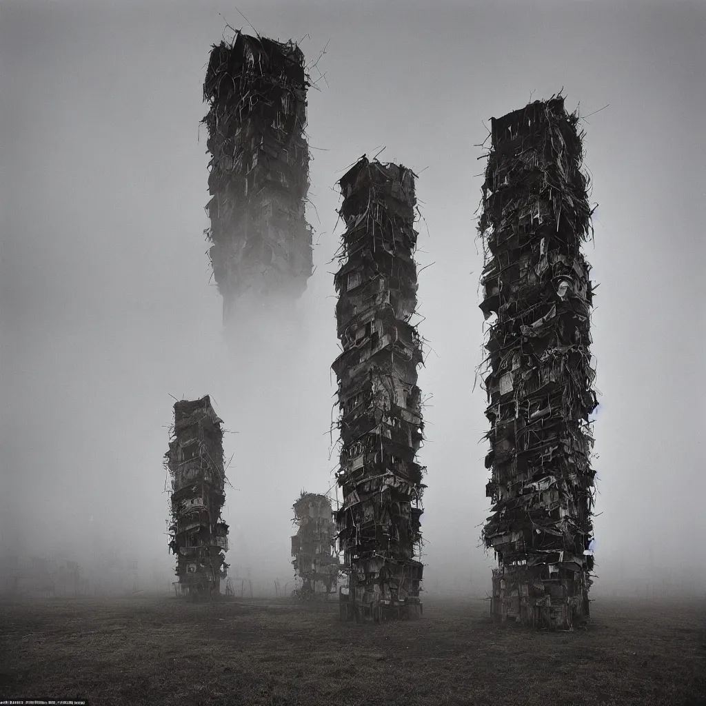 Image similar to two towers, made up of makeshift squatter shacks with faded colours, misty, moody sky at the back, dystopia, mamiya, f 1 1, fully frontal view, photographed by trent parke