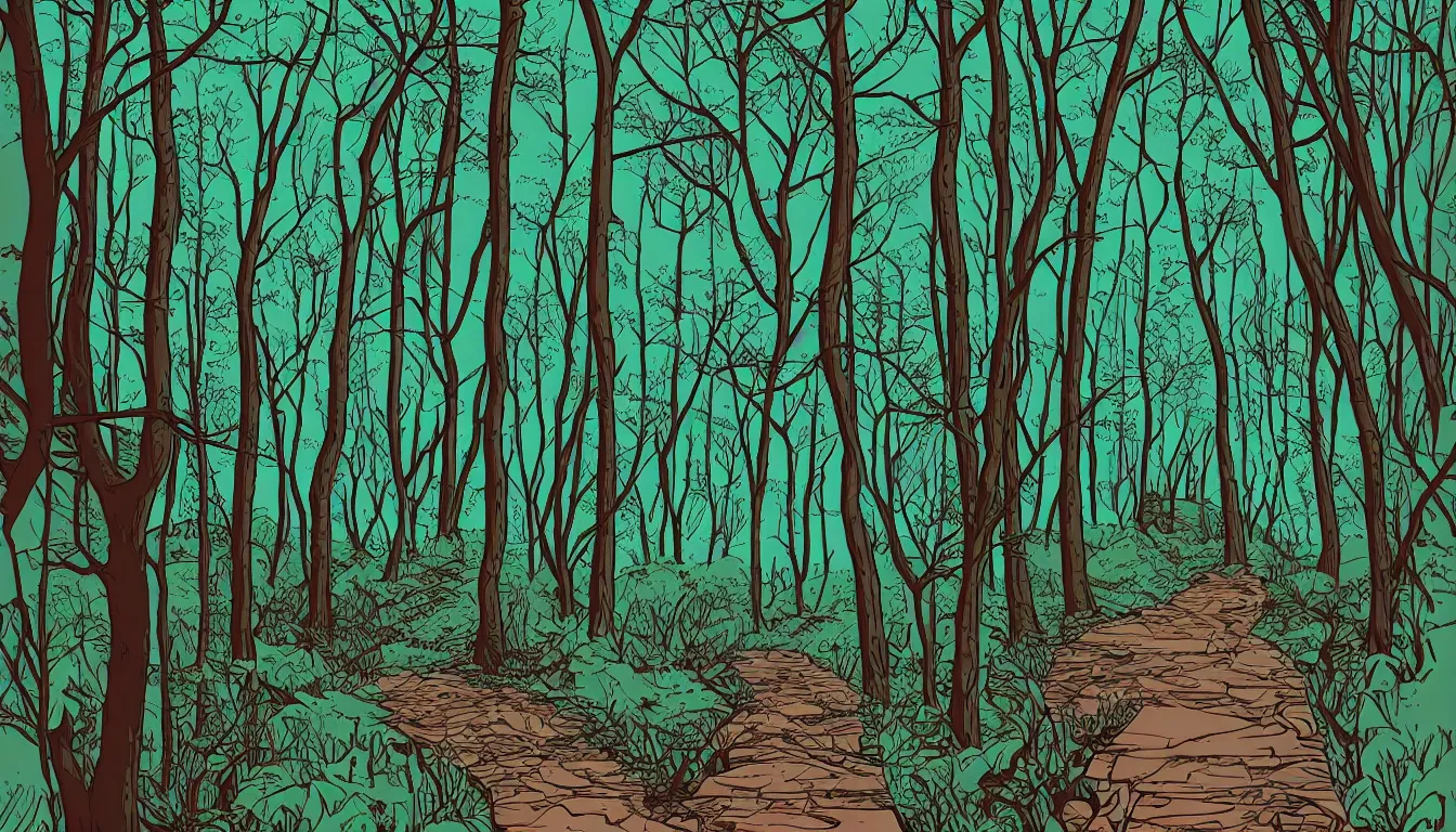 Prompt: hiking path through the woods by Kilian Eng, minimalist, detailed