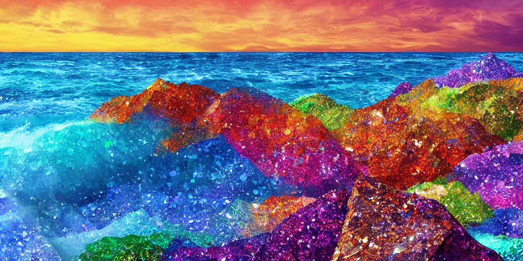 Image similar to glittering multicolored crystal cliffs, viewed from the ocean, high quality digital art,