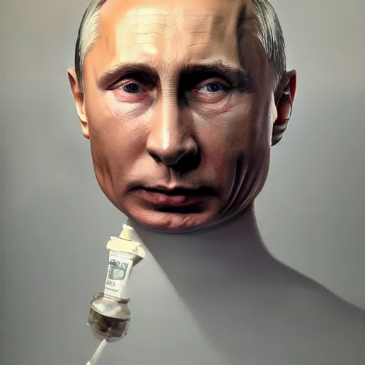 Prompt: hyperrealistic painting of very ill Vladimir Putin wearing an oxygen mask on a death bed inhaling white clubs of smoke from Copium tank that emits smoke, dimly lit hospital room, stunning 3d render inspired art by Tim Okamura and Lise Deharme + perfect facial symmetry + dim volumetric lighting, 8k octane beautifully detailed render, post-processing, extremely hyperdetailed, intricate, epic composition, grim yet sparkling atmosphere, cinematic lighting + masterpiece, trending on artstation, very very detailed, masterpiece, stunning