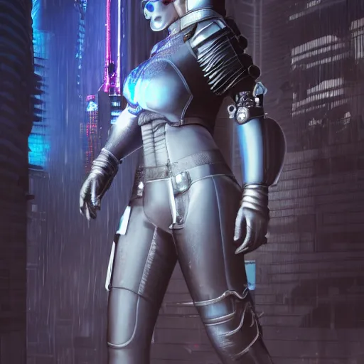 Image similar to An epic fantastic ultrarealism comic book style portrait painting of a female cyberpunk armor fighter, black and blue silver color armor, cyberpunk feel raining at tokyo rooftop, Concept world Art, unreal 5, DAZ, 8k, hyperrealistic, octane render, cosplay, RPG portrait, dramatic lighting, rim lights