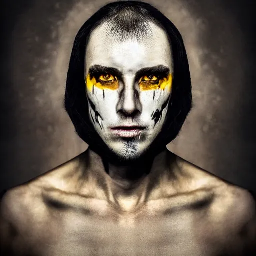 Prompt: face portrait of a male thief with many scars, milky white skin and powerfull yellow eyes, dark fantasy style, medieval or renaissence time, awarded photograph, dramatic lighting