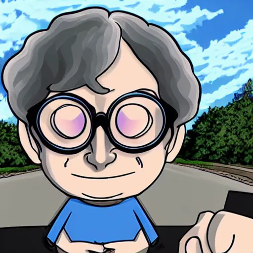 Image similar to larry david in his 2 0 0 9 prius, fisheye lens, anime style, anime