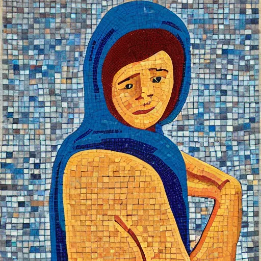 Image similar to A beautiful land art. Her cell is as bare as mine. She is sitting in the middle, hugging her knees, wrapped in a toga-like garment. mosaic, orpist by Stuart Davis, by Ed Mell lavish