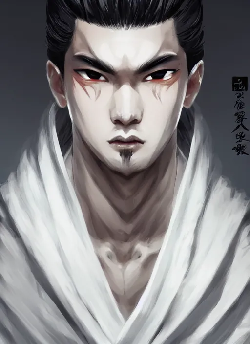 Image similar to a highly detailed illustration of fierce short white haired attractive young japanese man wearing white hakama, black sclera! eyes, dramatic pose, muscular, intricate, elegant, highly detailed, centered, digital painting, artstation, concept art, smooth, sharp focus, league of legends concept art, wlop