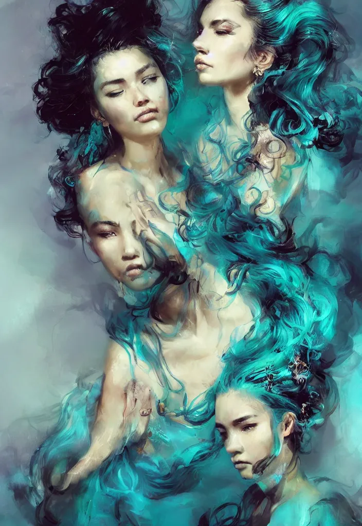 Image similar to full body portrait of a duo of 1 9 years old girl figures, curly messy high bun hairstyle, oriental tattoos, jewelry, subject wearing a high fashion gown, flowing, beautiful, dramatic, cinematic lighting, highly detailed, few vivid turquoise highlights, by ross tran and jeremy mann, artstation, pixiv, oil on canvas