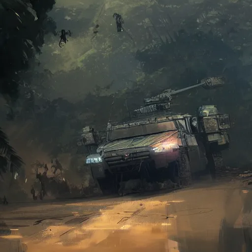 Image similar to an armored vehicle driving through the jungle, dramatic lighting, illustration by Greg rutkowski, yoji shinkawa, 4k, digital art, concept art, trending on artstation